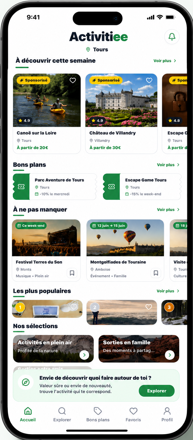 Aperçu de l'application Activitiee avec des activités autour de soi